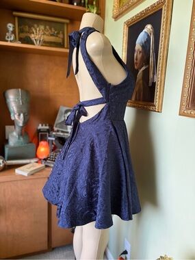 Windsor Navy Blue Jacquard Gianna Halter Open Back Mini Dress Size S Whimsigoth